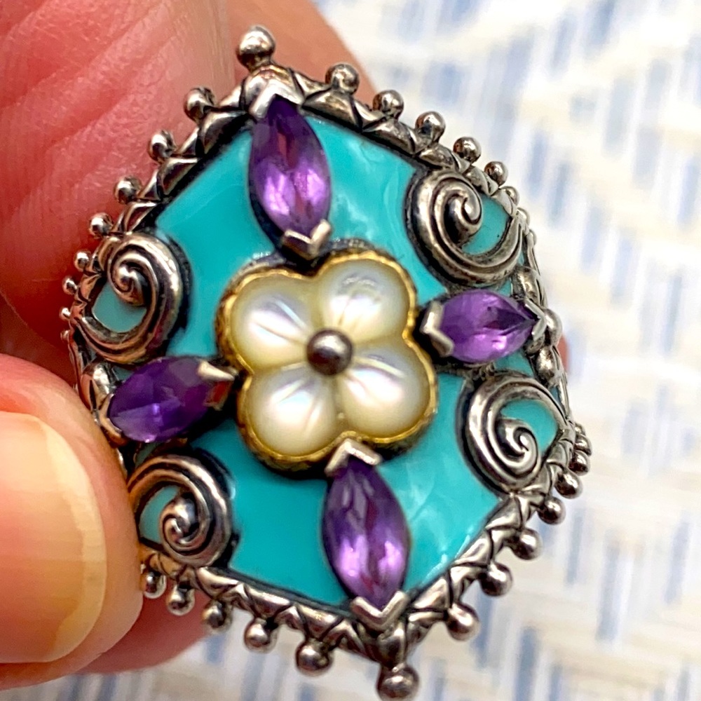Barbara Bixby amethyst & MOP turquoise enamel ring in size 9 💚💙 - Picture 9 of 9